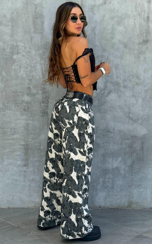 Jean Wide Leg Cow Tiro Bajo - Gris