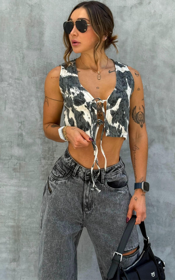Chaleco Denim Cropped Cow - Gris