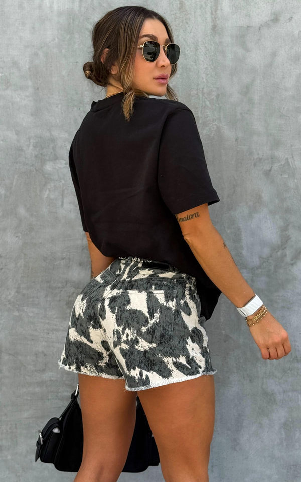 Mini Short Denim Cow Tiro Medio - Gris