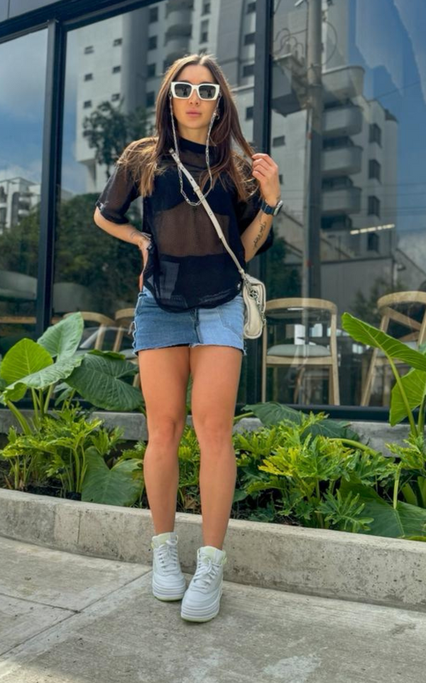 Mini Denim Falda Patch Tiro Medio