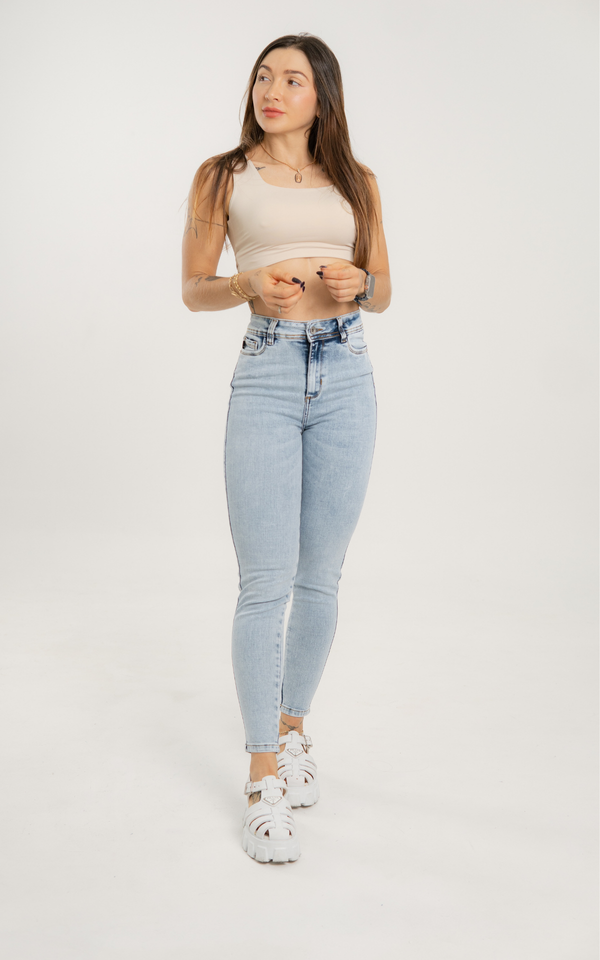Jean Skinny Wood Tiro Alto